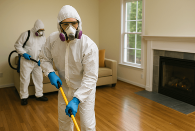 Two restoration professionals in protective gear performing Tear Gas Cleanup inside a Los Angeles home, ensuring a clean and safe environment.