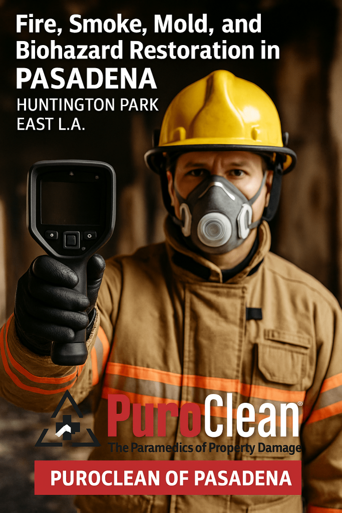 A restoration professional in safety gear holds a moisture meter, ready to address fire and mold damage.