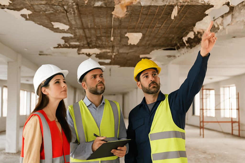 Commercial Large Loss Restoration Experts inspecting structural damage inside a Los Angeles commercial building.