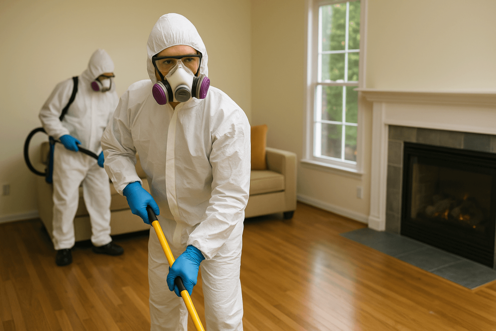 Two restoration professionals in protective gear performing Tear Gas Cleanup inside a Los Angeles home, ensuring a clean and safe environment.