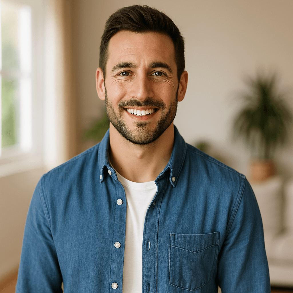 Smiling man in a bright Pasadena home, representing positivity and recovery after Fire & Wildfire Damage Restoration.