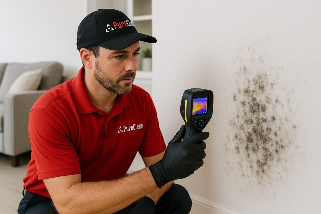 PuroClean of Ft. Lauderdale South conducting mold remediation Fort Lauderdale inspection with moisture meter.