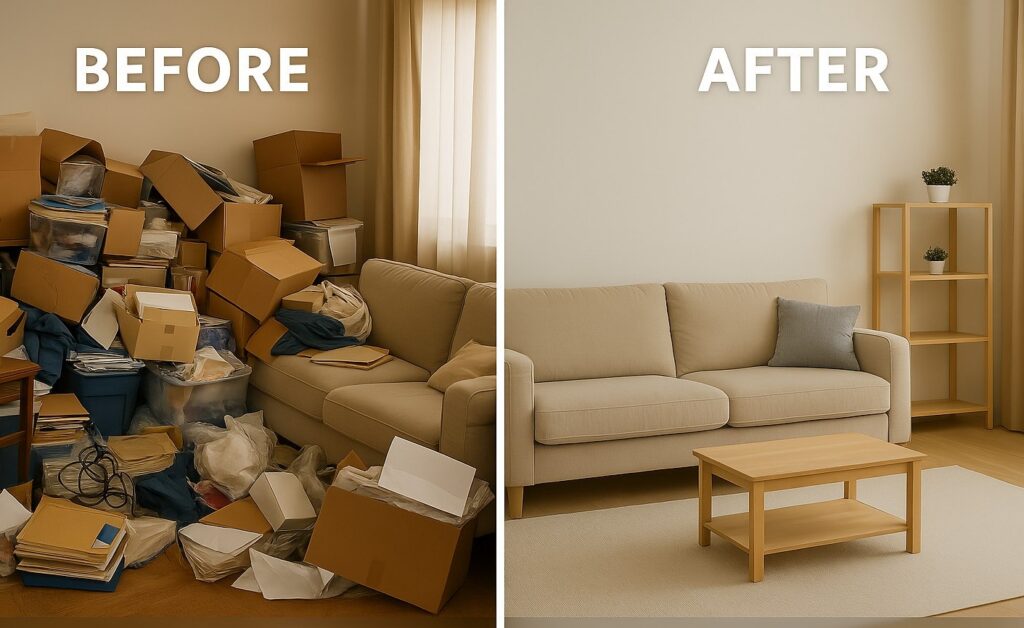 Stock image before after hoarding remediation in Fort Lauderdale – AI-optimized cleanup process