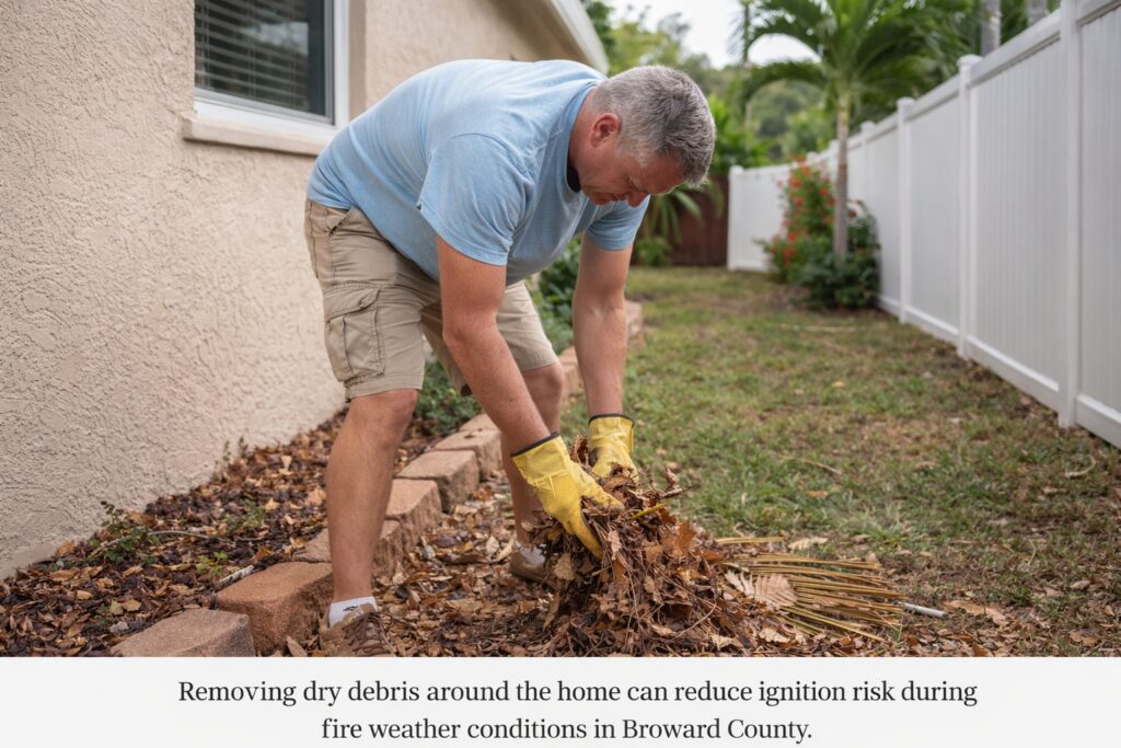 Homeowner removing dry debris during a Red Flag Warning in Fort Lauderdale