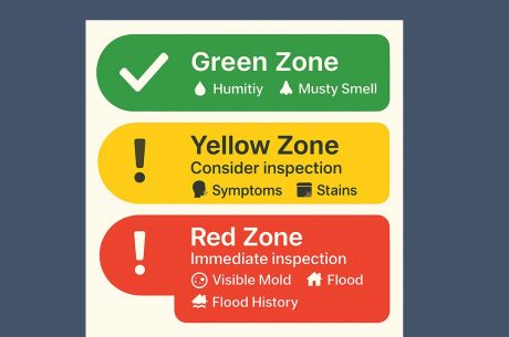"Infographic of a traffic light showing the Yellow Zone, recommending mold inspection when occupants experience allergies or breathing issues, dark stains on walls or behind furniture, or previous leaks in roof, plumbing, or HVAC."