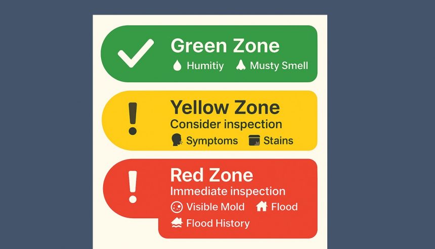 "Infographic of a traffic light showing the Yellow Zone, recommending mold inspection when occupants experience allergies or breathing issues, dark stains on walls or behind furniture, or previous leaks in roof, plumbing, or HVAC."