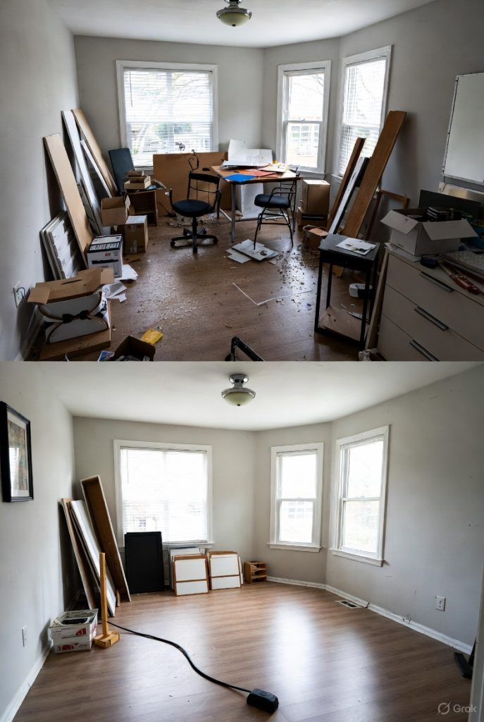 Before and after hoarding cleanup in Ft. Lauderdale: cluttered office room with boxes and debris transformed into empty, organized space