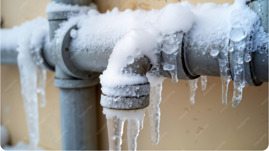 Frozen outdoor pipe with snow and icicles – learn how to prevent frozen pipes to avoid bursts and water damage