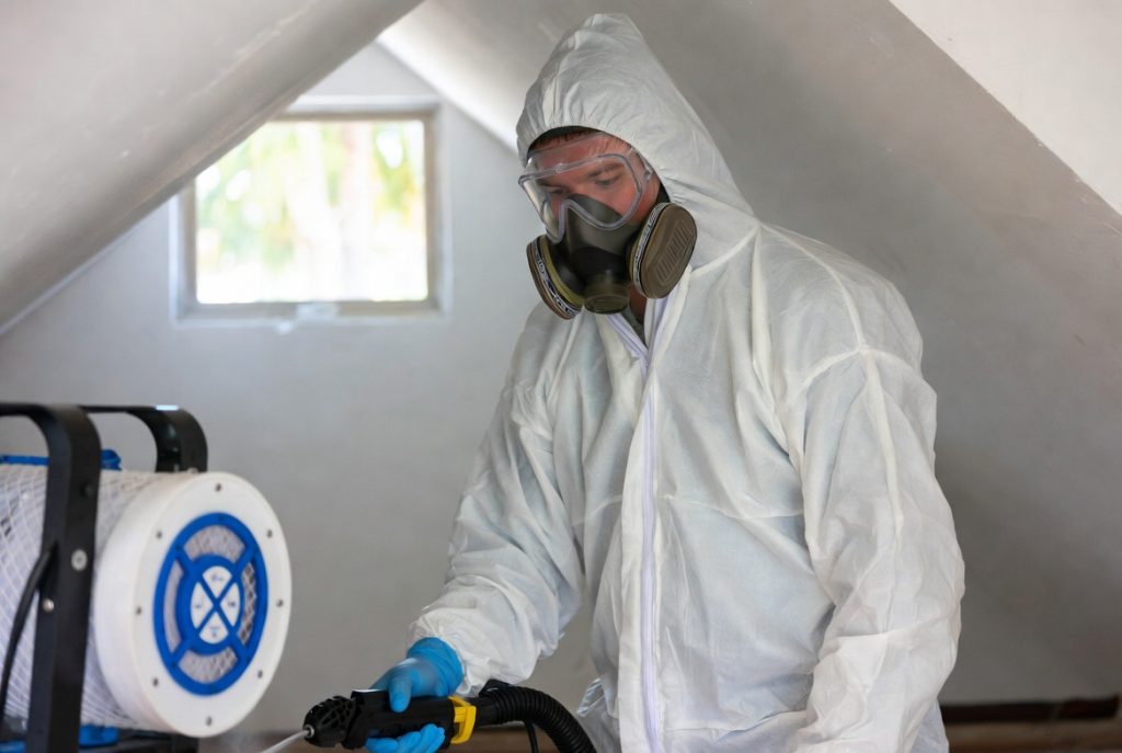 Certified technician in full PPE performing professional biohazard remediation and decontamination inside a South Florida home attic or crawl space


