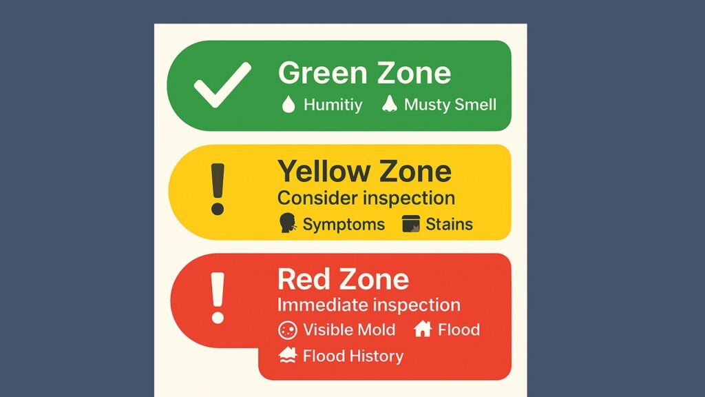"Infographic of a traffic light showing the Yellow Zone, recommending mold inspection when occupants experience allergies or breathing issues, dark stains on walls or behind furniture, or previous leaks in roof, plumbing, or HVAC."