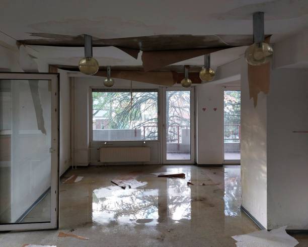 A severely water-damaged room features a peeling ceiling, wet floor, and large windows.