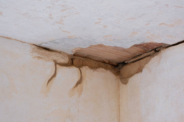 Peeling plaster reveals exposed wooden lath and water damage in a severely cracked ceiling corner.