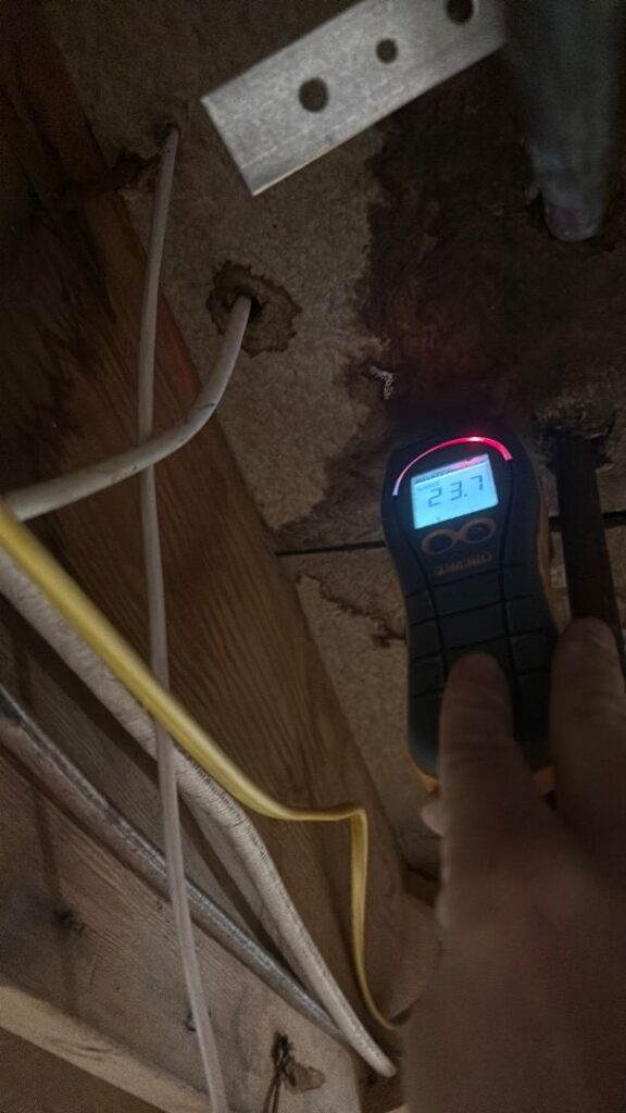 A moisture meter displays a high 23.7 reading on a water-stained wooden