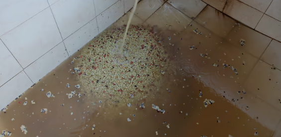 Green and red coffee beans are washed in a tiled processing tank with murky water.
