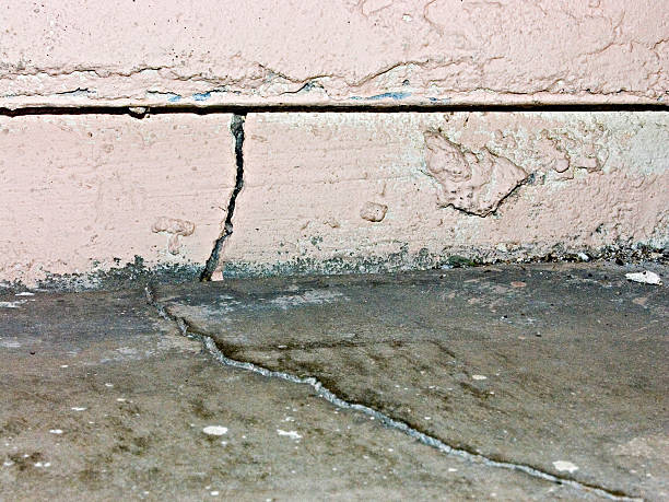 A severe crack runs from a peeling pink wall down into a dirty concrete floor.