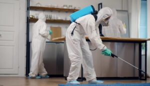 Professional cleaners in hazmat suits and respirators disinfect a modern kitchen with sprayers. a representation of biohazard cleanup in peoria