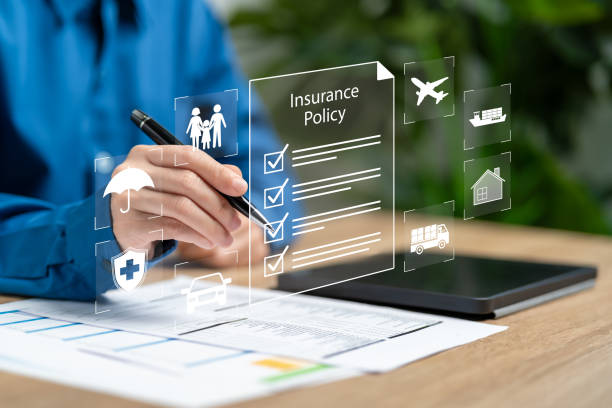 A hand interacts with a holographic insurance policy document surrounded by various coverage icons.