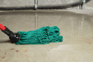 A green string mop lies on a wet concrete floor with standing water. TITLE: