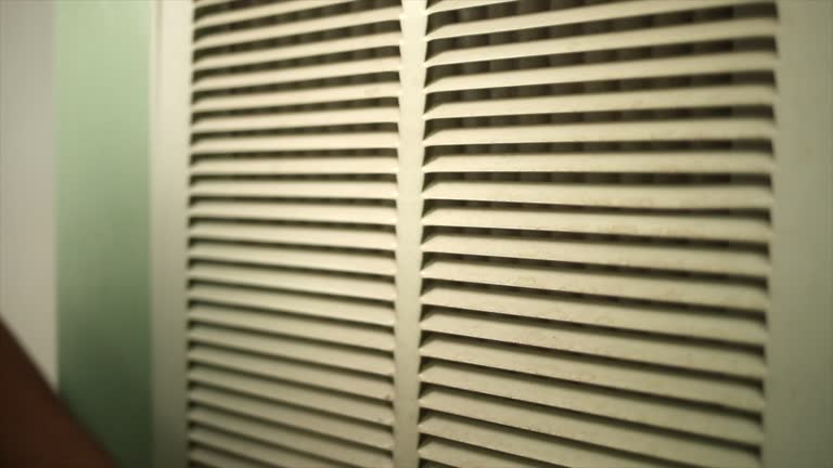 Close-up of a dusty, off-white louvered door or vent with horizontal slats