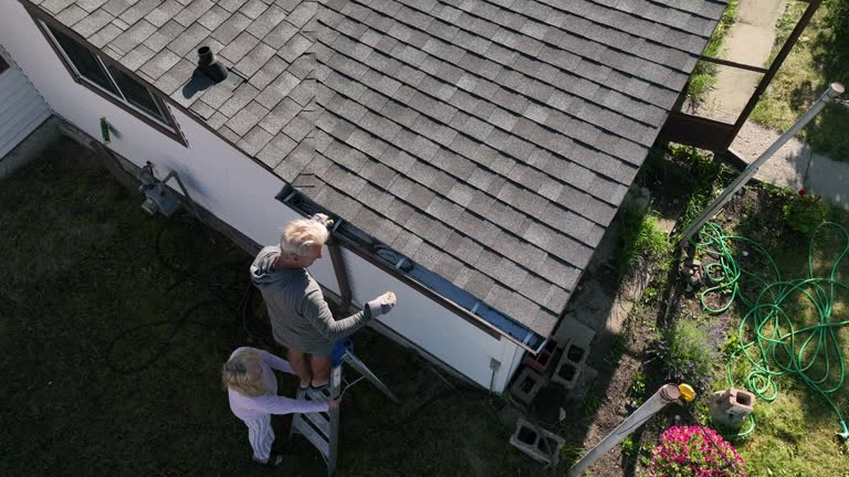 An older man on a ladder cleans roof gutters while a woman holds it steady from below.
