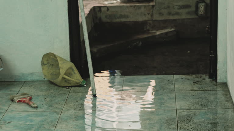 A tiled floor is covered in a puddle of water reflecting light, with a doorway leading to a