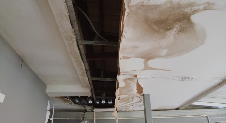 A severely damaged ceiling with a large opening exposing structural framing and brown water stains. emergency restoration for businesses
