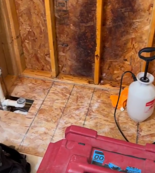 Water-damaged OSB walls and subfloor with a pump sprayer and red drying equipment
