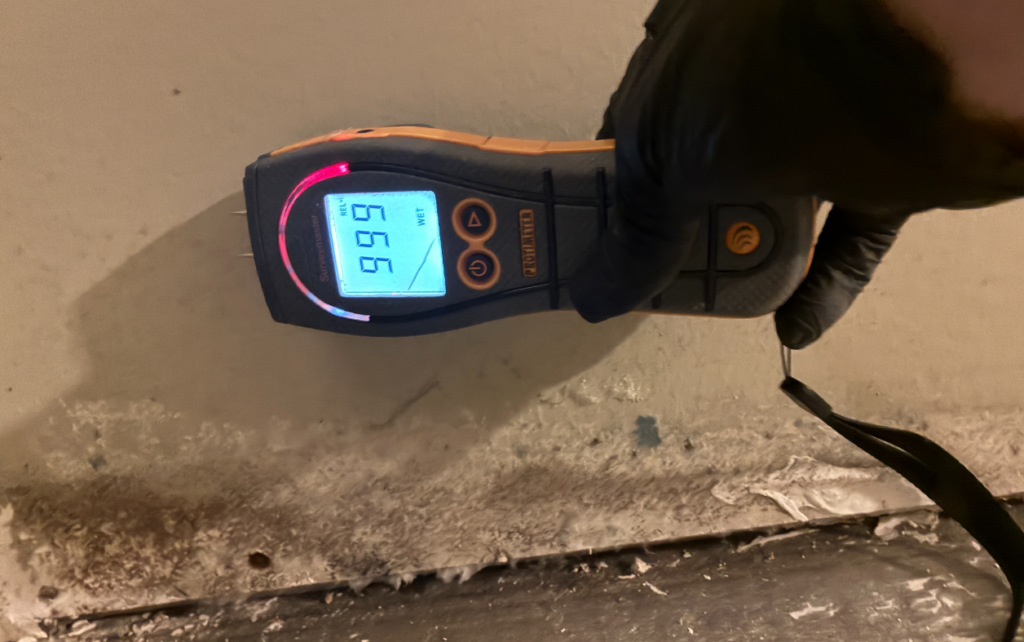 A gloved hand uses a moisture meter showing a 99.9