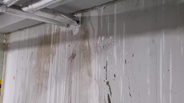 Leaking pipes cause significant water damage and dark stains on a concrete wall.