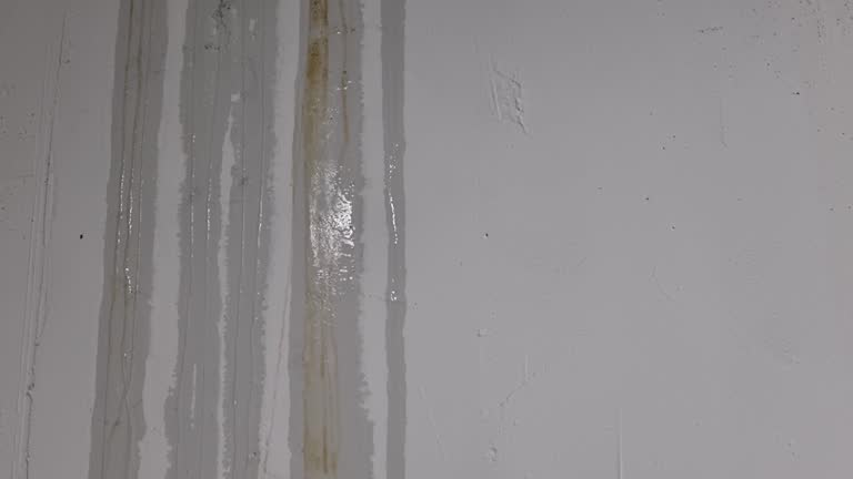 Vertical wet streaks and rust stains run down a light gray wall.