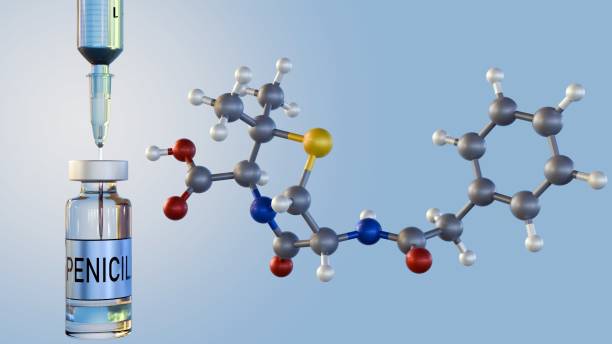 3D rendering of penicillin G or Benzilpenisilin molecules with medical syringe and injectable drug