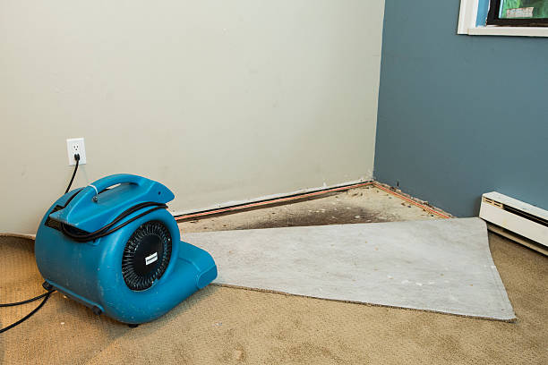 Water damaged walls and floors in house. Dehumidifier pointing at walls.