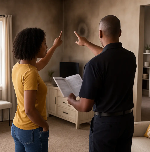  restoration professional explaining fire damage restoration cost to a homeowner during an onsite assessment