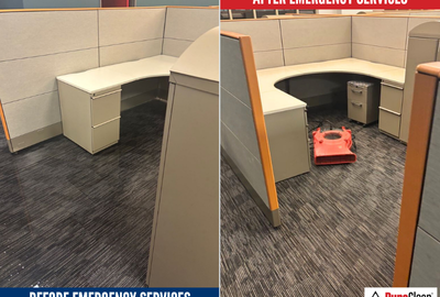 Before and after photos of commercial water damage restoration showing drying equipment in place to reduce business interruption and restore operations efficiently