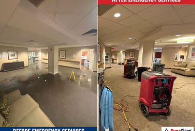 Drying equipment in place as part of a home water damage restoration process, helping remove excess moisture and support proper drying inside a residential space.