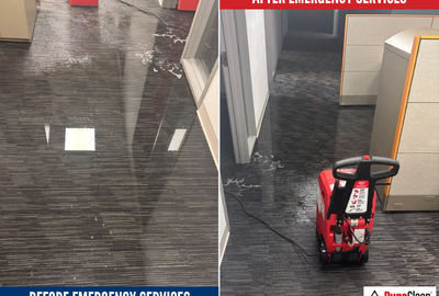 Commercial water damage restoration in Plymouth, showing professional emergency services before and after cleanup to protect the property and prevent further damage.