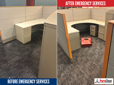 Before and after photos of commercial water damage restoration showing drying equipment in place to reduce business interruption and restore operations efficiently