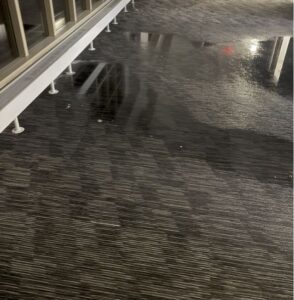 Office hallway carpet soaked with standing water after a pipe burst, showing extensive water damage along the glass wall and reflective pooling across the commercial flooring.