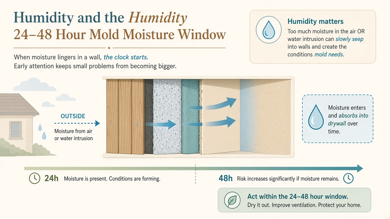 Storm water and mold 24–48 hour moisture window in a wall cross-section
