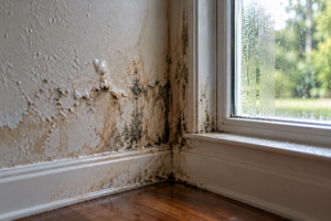 Severe water damage, peeling paint, and black mold cover a wall corner next to a
