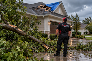 A PuroClean technician surveys storm damage to a house with a fallen tree and tarped roof