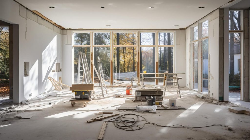 A bright, unfinished room with large windows overlooking autumn trees and construction materials scattered on the floor.