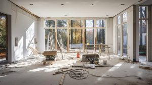 A bright, unfinished room with large windows overlooking autumn trees and construction materials scattered on the floor.
