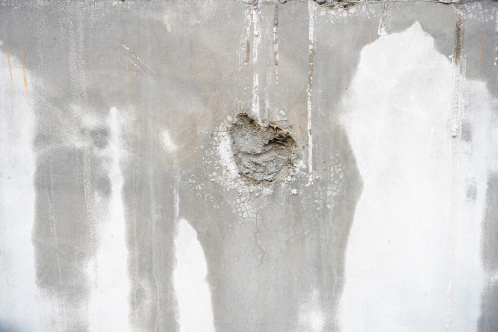 Textured concrete wall with large water stains and a crumbling hole in the center.