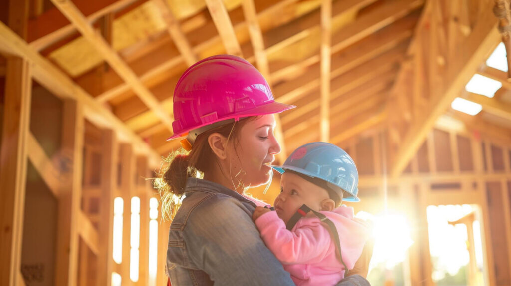 mother and baby wearing safety helmets at a home reconstruction site