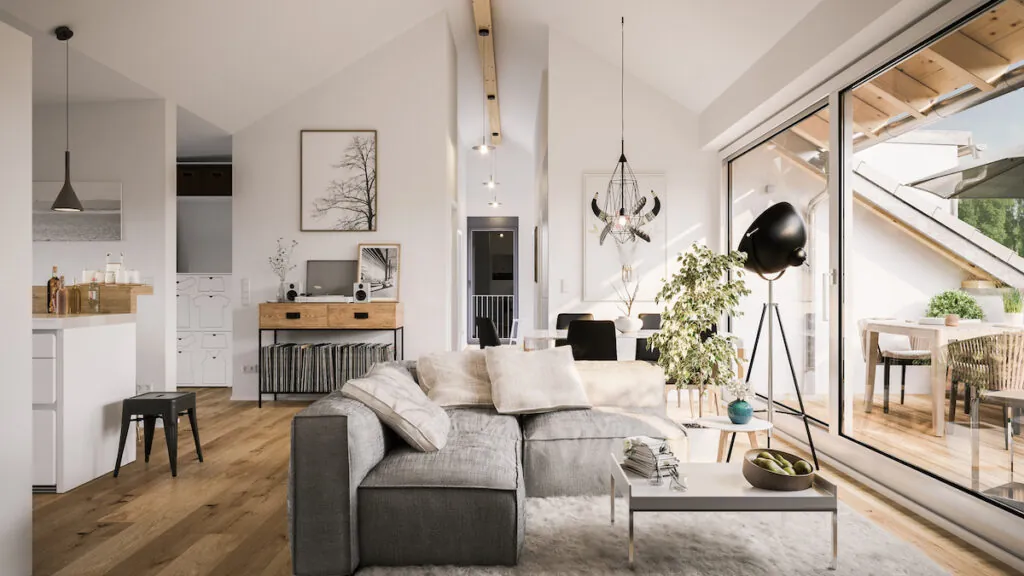 Modern open-plan living room with large windows and contemporary furniture