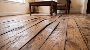 Water-damaged hardwood floors with warped, separating boards and pale water stains