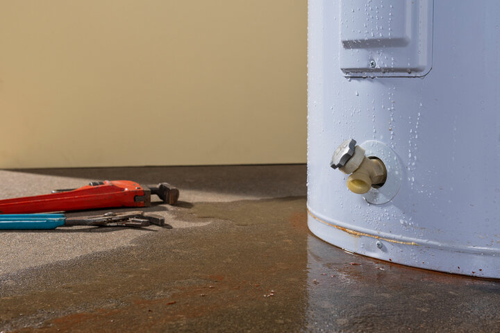 A leaky water heater causing water damage in basement.
