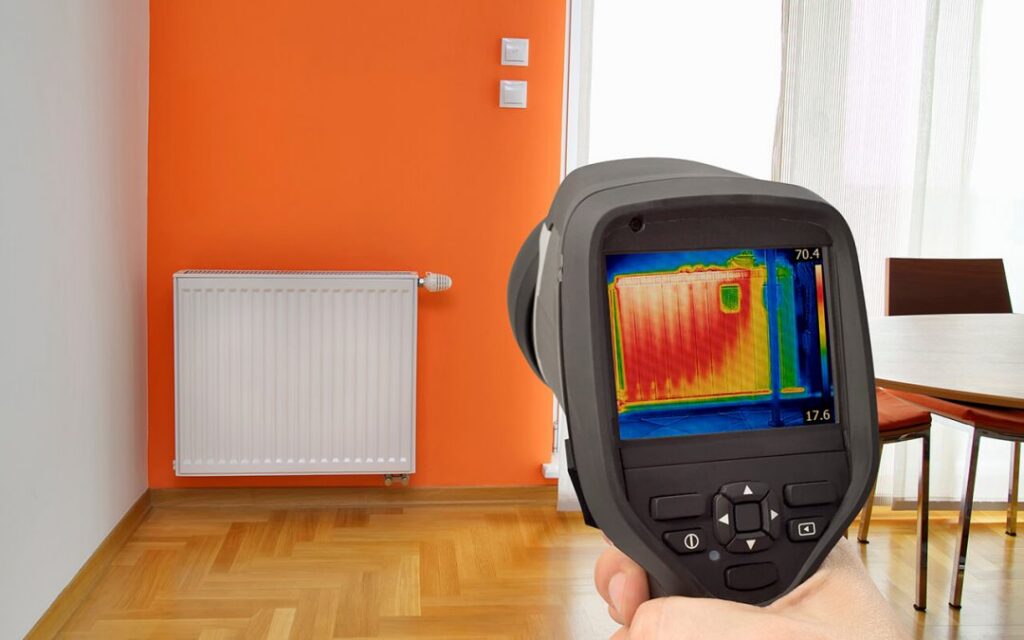 thermal imaging camera detecting hidden water damage in residential wall