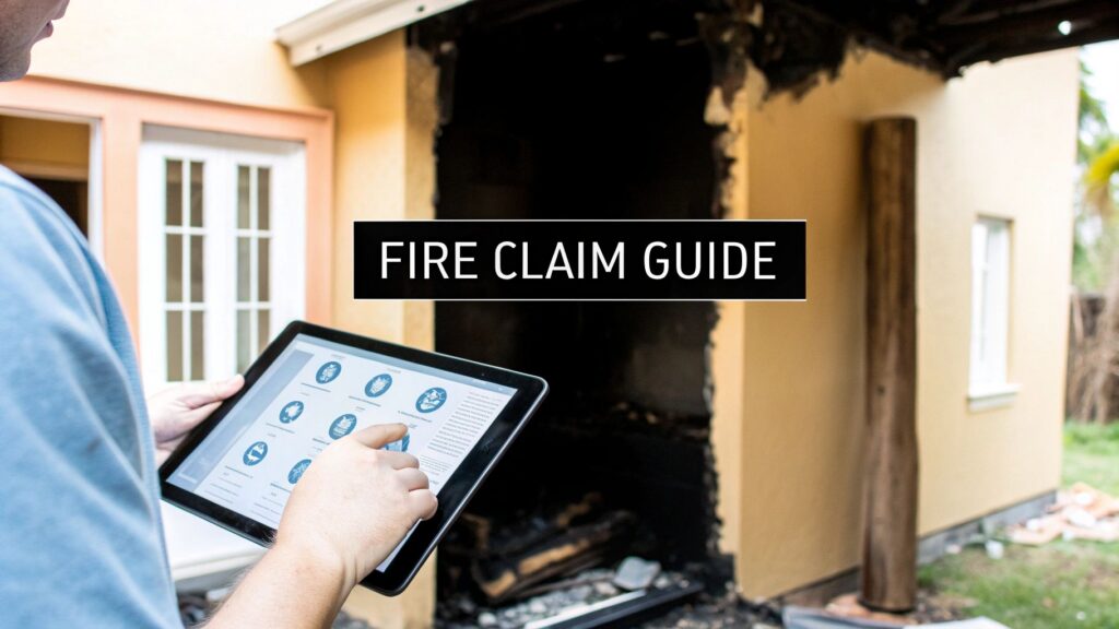 A fire restoration specialist and an insurance adjuster reviewing a digital restoration plan on a tablet